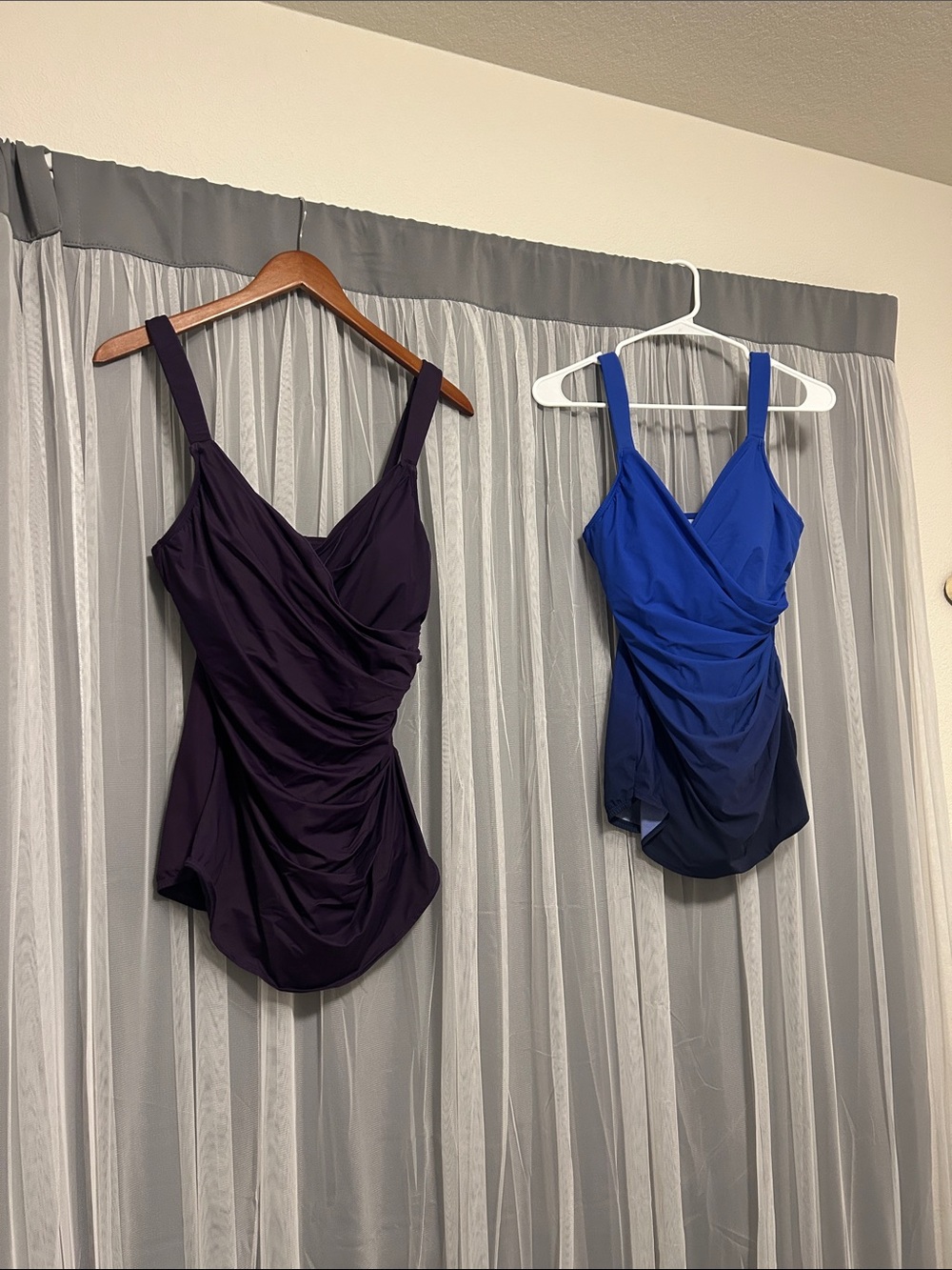 Pair of Lands' End Ruched One-Piece Swimsuits - Blue and Plum Size 10